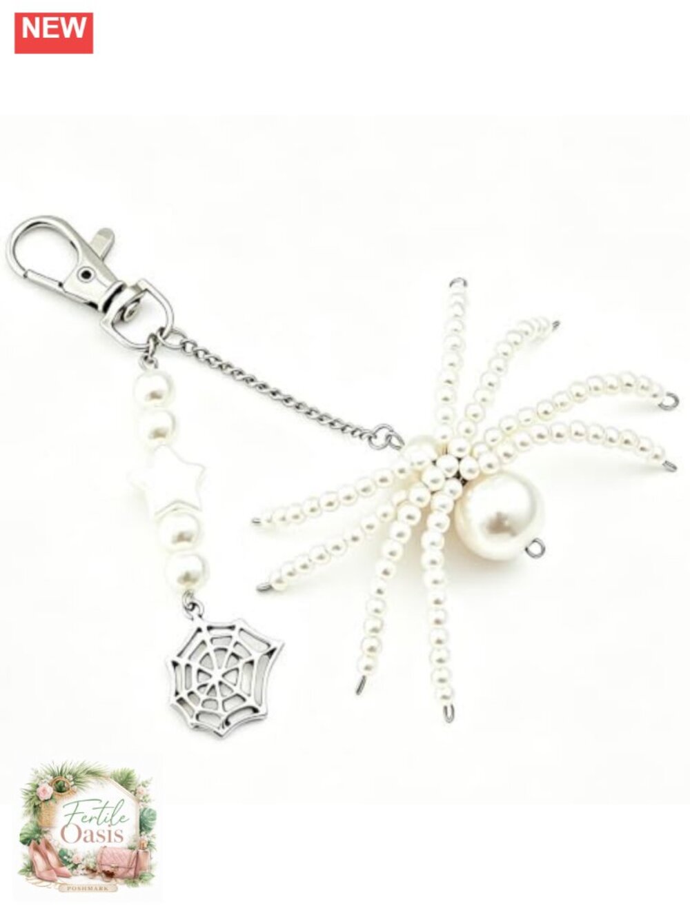 Faux Pearl Spider Silver Web Keychain Bag Charm Halloween Gothic